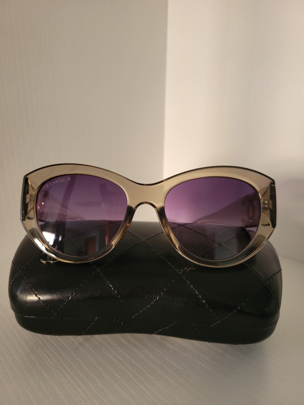 CHANEL Translucent Beige Frame Sunglasses with Purple Gradient Lenses
